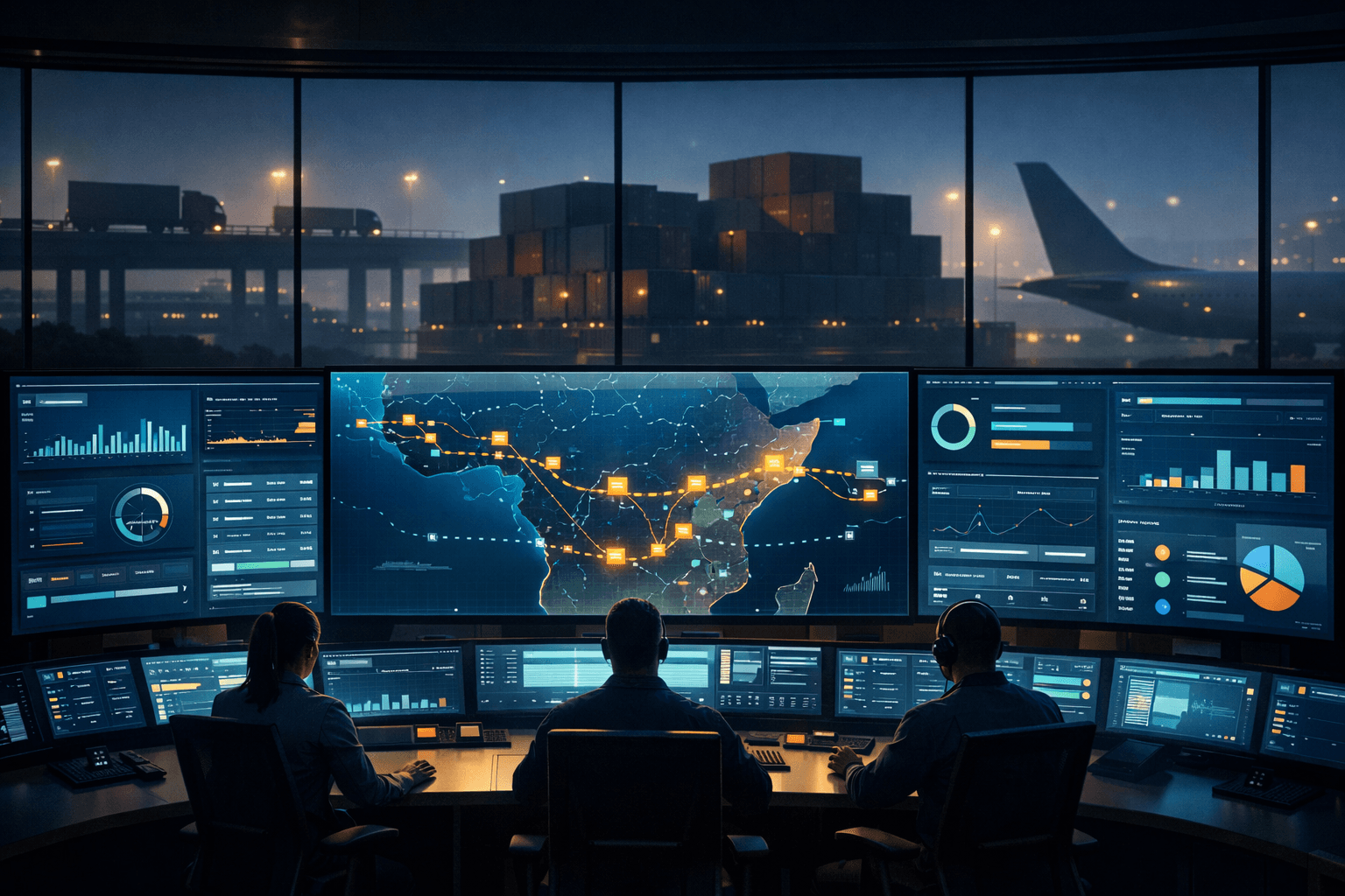 Light in Vision Logistics operations control room showing East Africa shipment routes